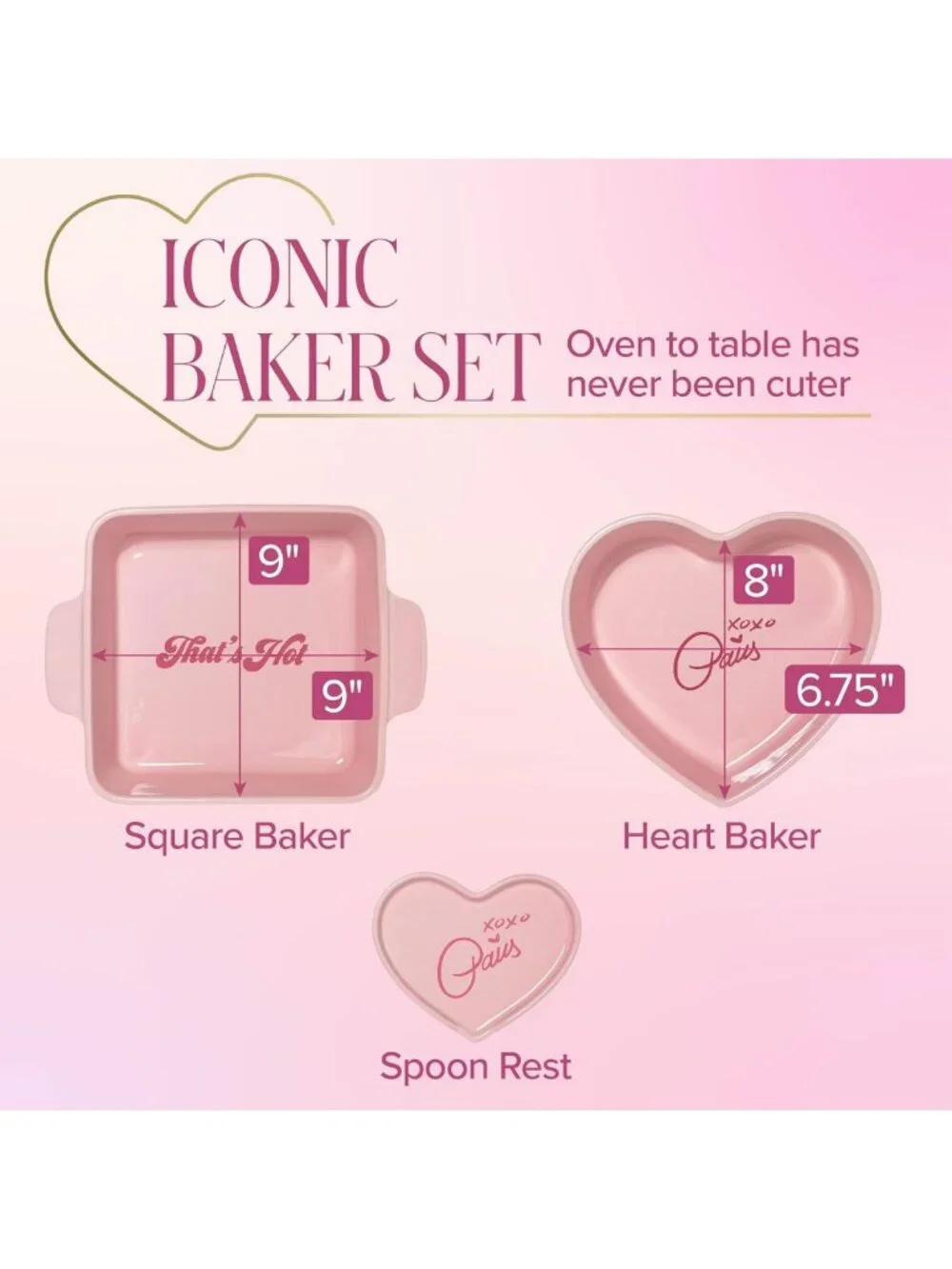 Chic 3-Piece Ceramic Bakeware Set - Square & Heart Bakers, Spoon Rest, Pink